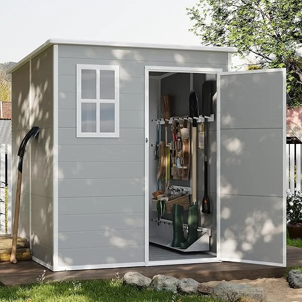 Outdoor Storage Shed 6 x 6 FT, Resin Garden Sheds Plastic Patio Outdoor Storage with Lockable Door for Tool, Bike, Garbage Can Gray White
