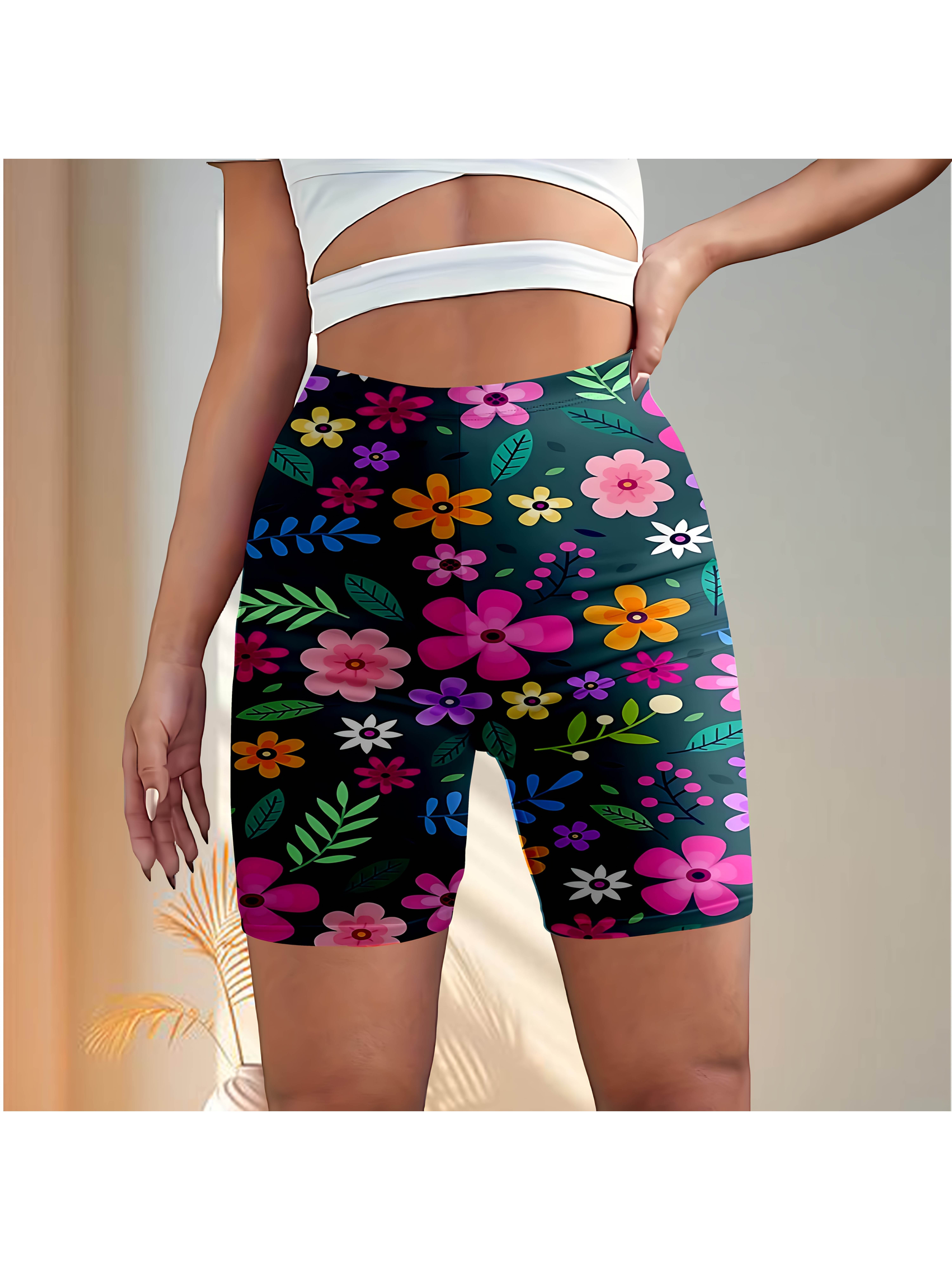 Women's High-Waisted Yoga Shorts With Tropical Splash Print - Stretchy Polyester, Vibrant Floral & Leaf Design, Comfortable Fit For Running, Cycling, Gym & Summer Workouts, High Waisted Shorts, Workout Shorts, Highwaisted Shorts, Durable Fabric Short | IFYHOME