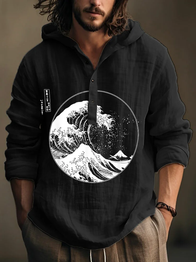 The Great Wave Japanese Lino Art Linen Blend Hooded Shirt
