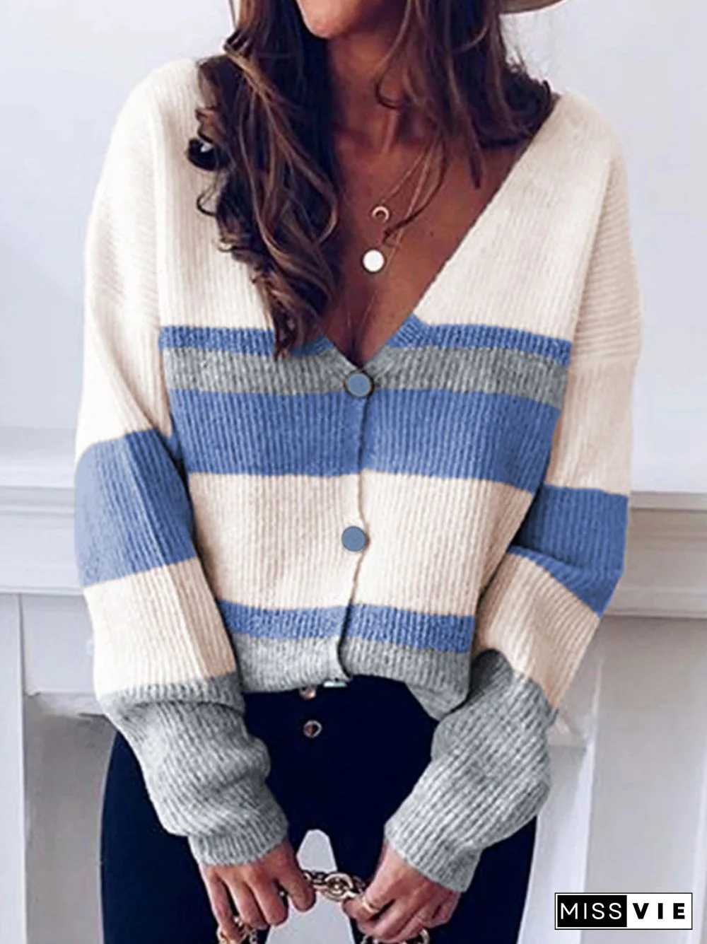 Autumn Winter Neck Knitted Cardigan Fashion Commuter Style Ladies Loose Button Stripe Long Sleeve Thick Short Coat Sweater