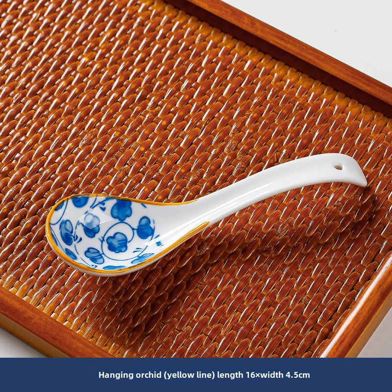 Japanese Style Small Soup Spoon Creative Blue And White Ceramic Spoon Household Thickened Curved Handle Anti-scalding Food Soup Spoon