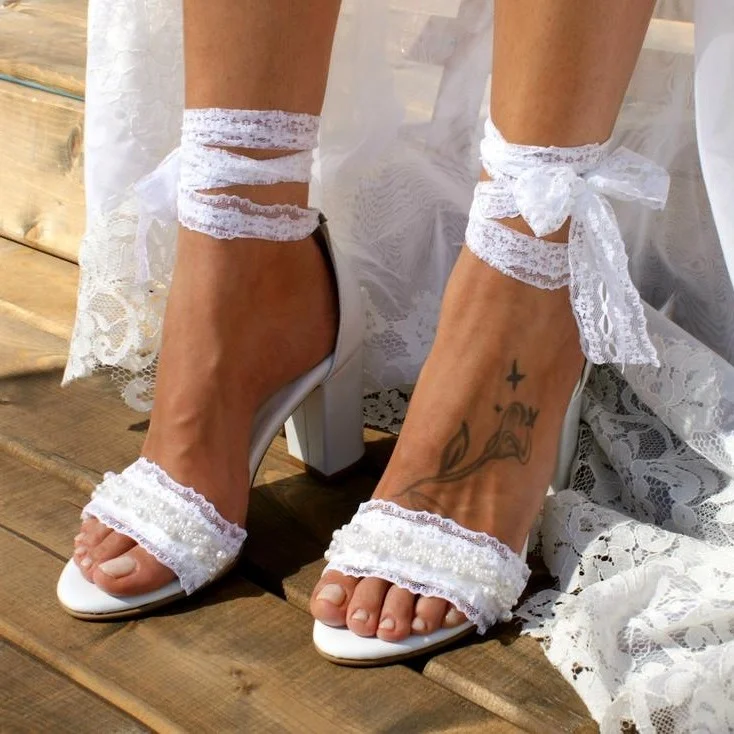 White Lace Strappy Block Heel Wedding Sandals |FSJ Shoes