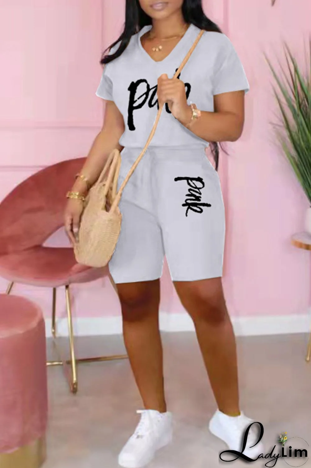 Black Fashion Casual Letter Print Basic V Neck Short Sleeve Two Pieces