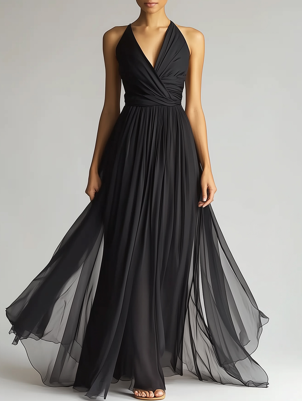 Ursime Chiffon Halter Collar Sleeveless Fold Maxi Dress