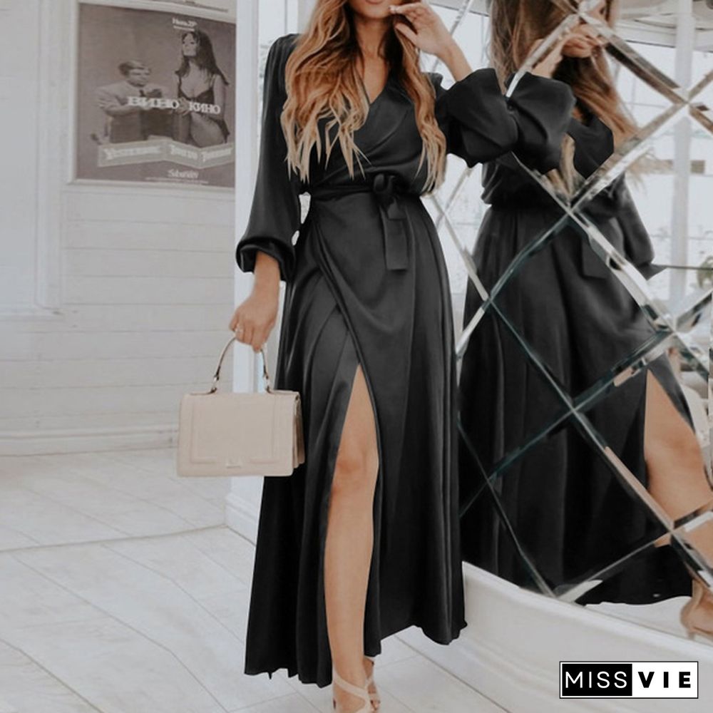 Women Elegant Long Wrap Dress Puff Long Sleeve V Neck Bandage Party Casual Silk Stain Maxi Dress Vestidos