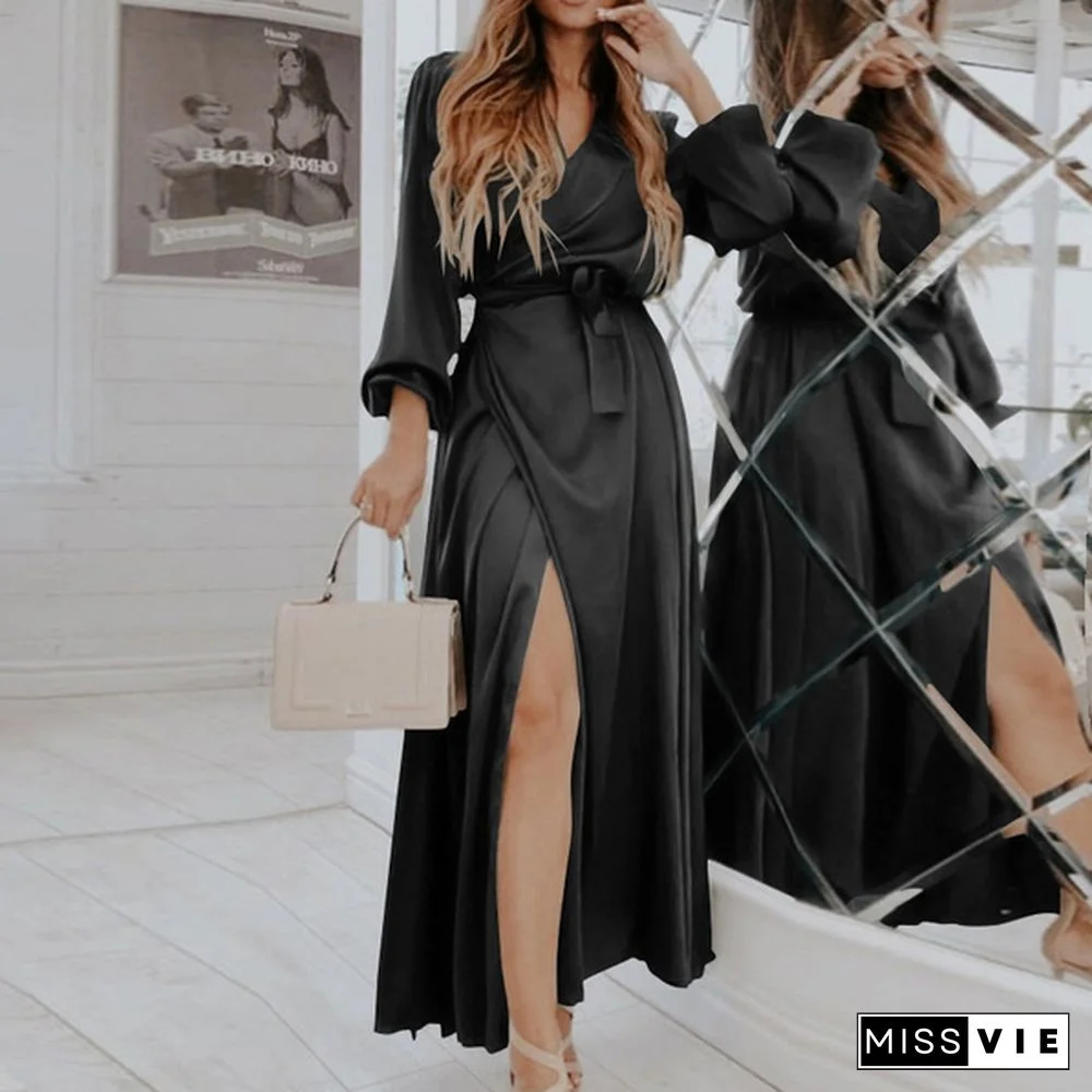 Women Elegant Long Wrap Dress Puff Long Sleeve V Neck Bandage Party Casual Silk Stain Maxi Dress Vestidos