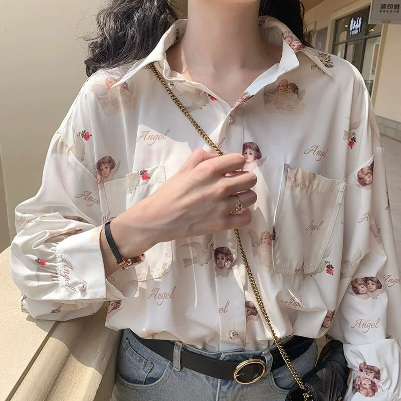 Oversized Shirt for Women Angel Print Elegant Blouse 2021 Vintage 90s Y2K Korean Style BF Tunics Lantern Long Sleeve Ladies Tops