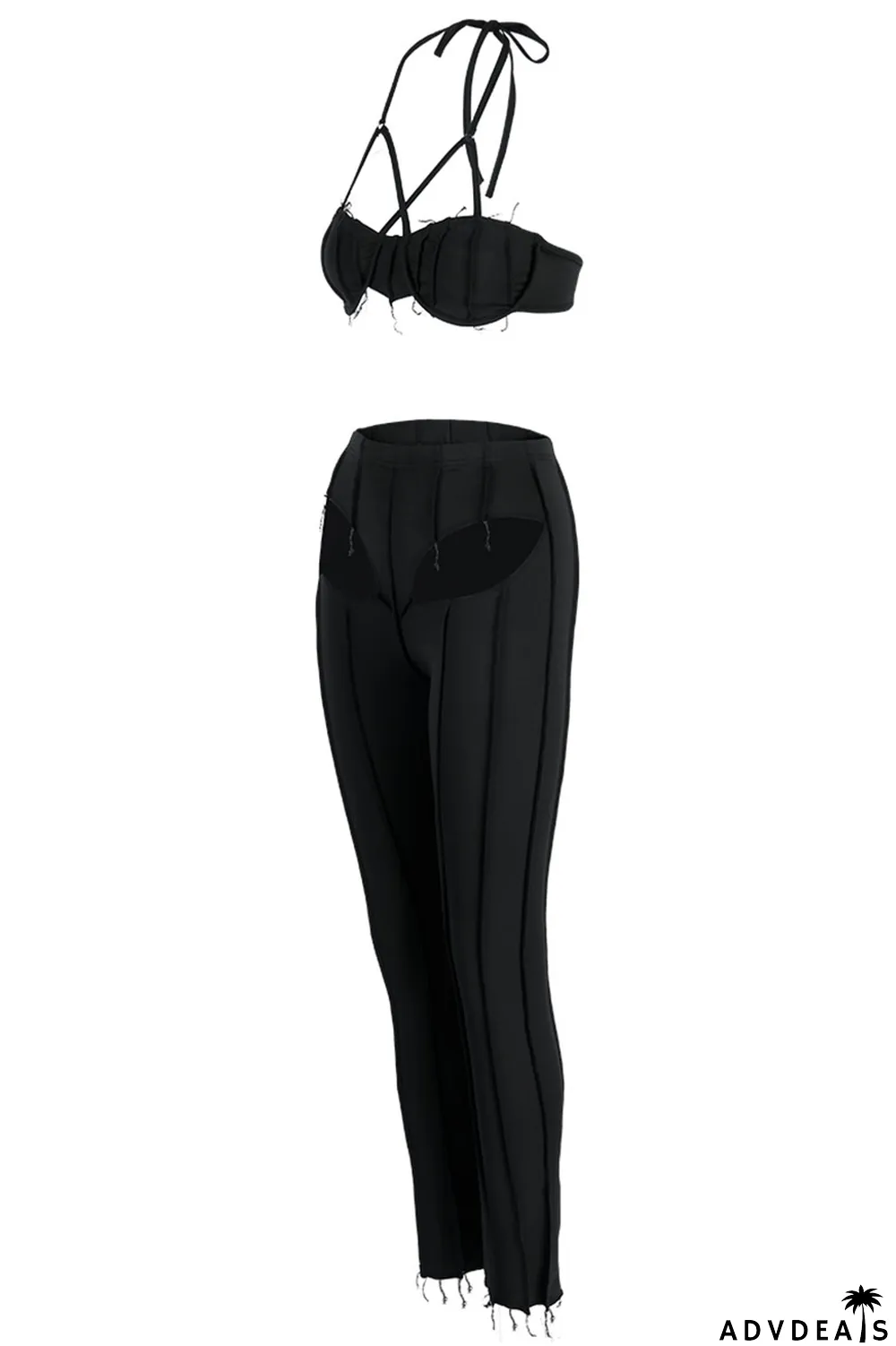 Black Sexy Solid Hollowed Out Patchwork Asymmetrical Halter Sleeveless Two Pieces