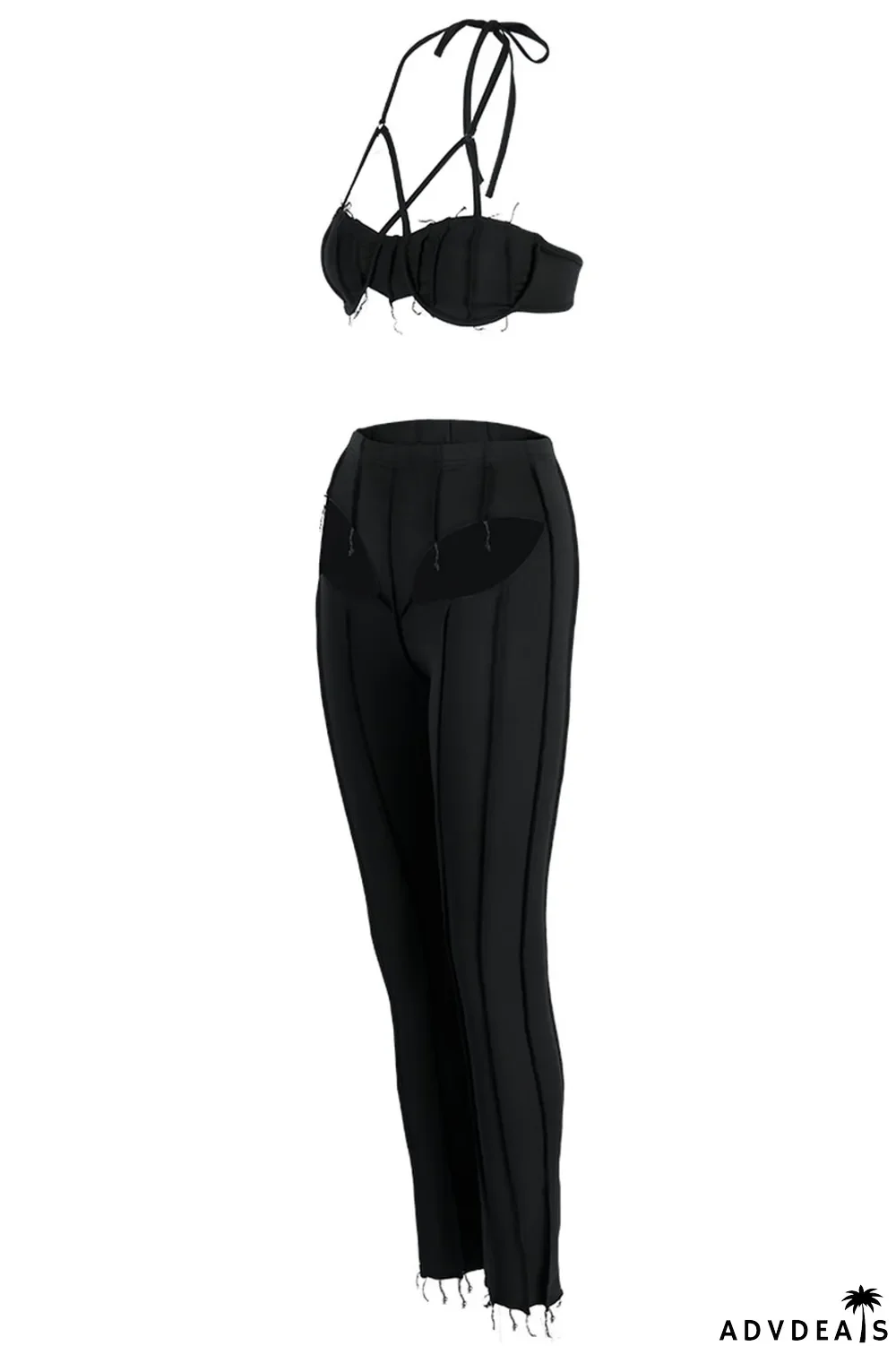 Black Sexy Solid Hollowed Out Patchwork Asymmetrical Halter Sleeveless Two Pieces