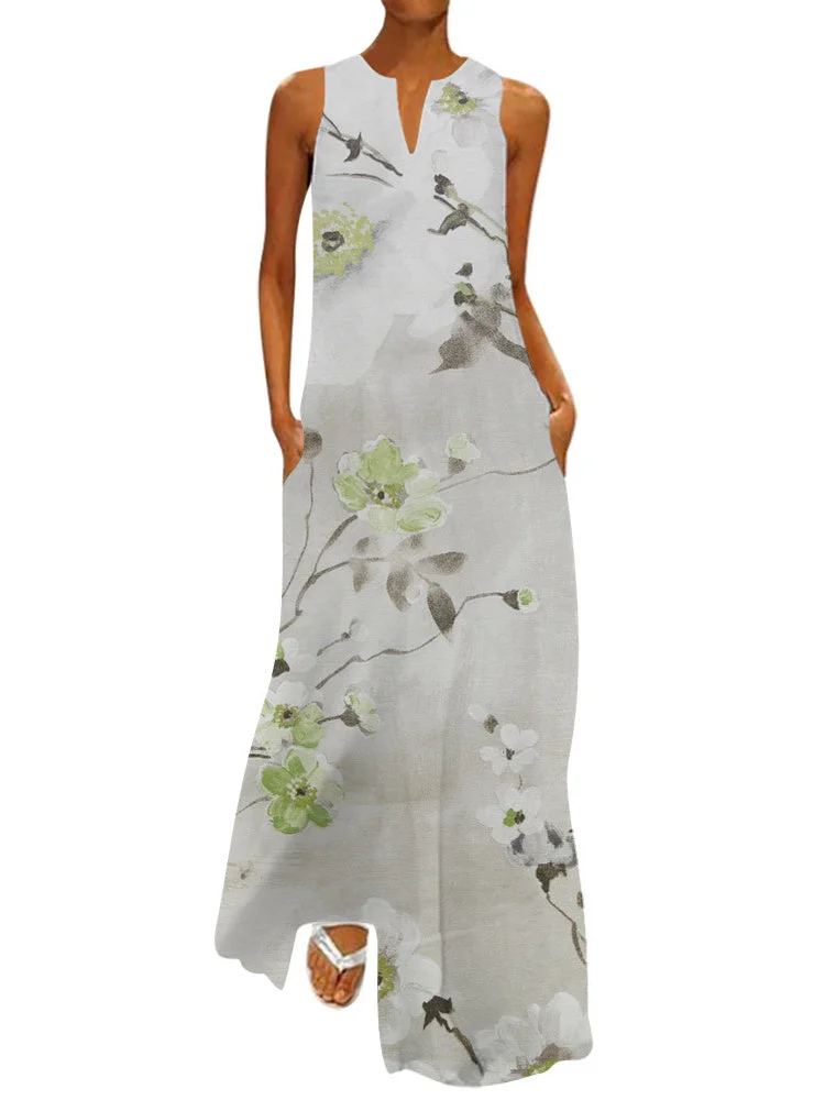 Women's Summer Sleeveless V-neck Floral Print Casual Dress