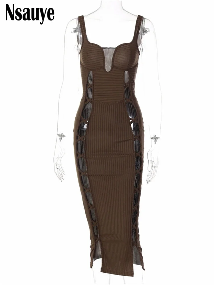 Nsauye 2022 Hollow Out Women Clothing Summer Off Shoulder Strap Bodycon Midi Dress Sexy V Neck Sleeveless Fashion Party Dress