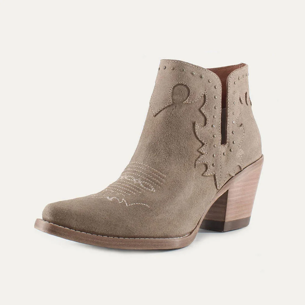 Taupe Studded Chunky Heel V-Cut Zipper Cowgirl Boots for Women