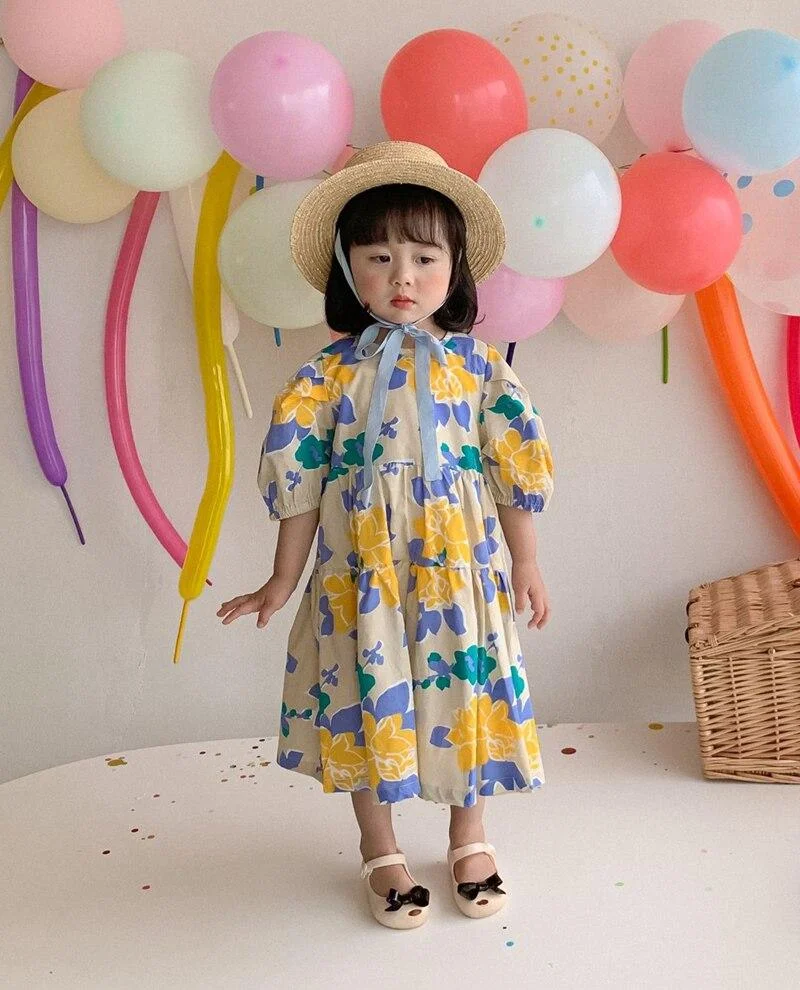 Retro Baby Spring Summer Girls Cotton Dress Kids Teenagers Children Clothes Outwear Puff Long Sleeve High Quality