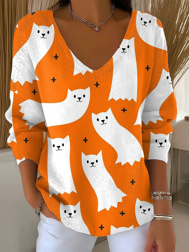 Women's Funny  Cat Art Print Casual Pullover Sweater