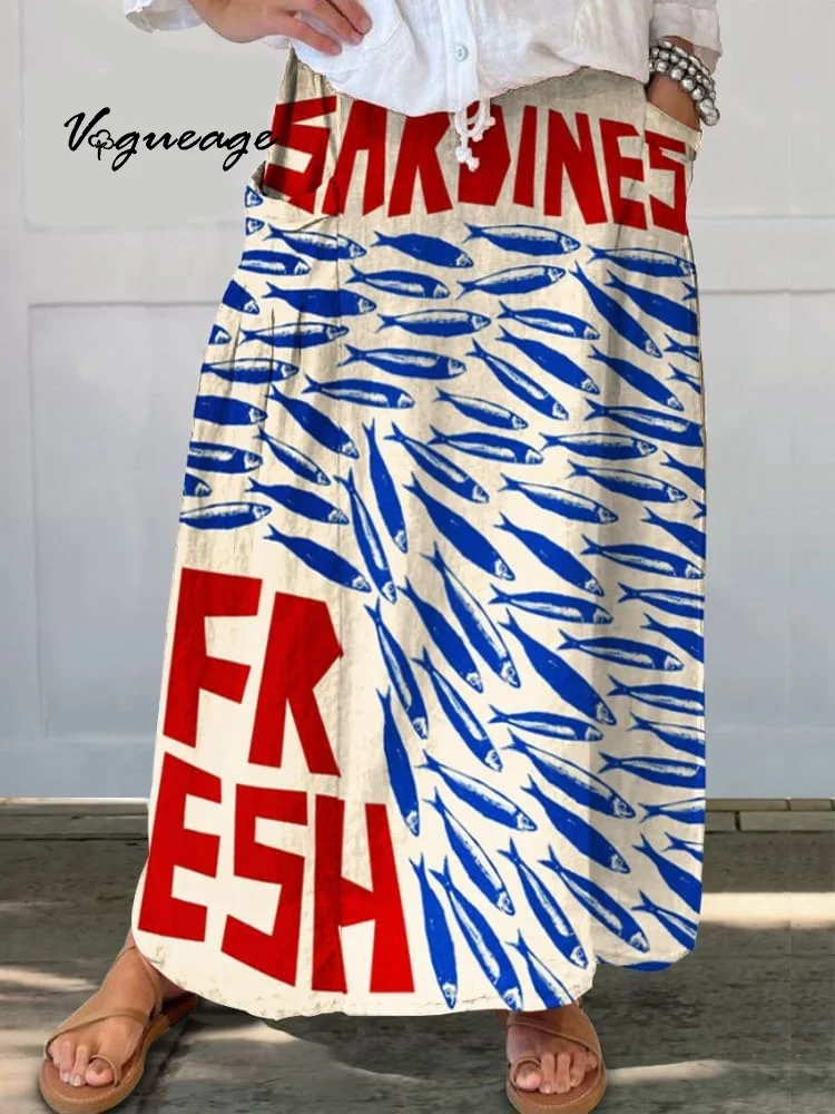 Fashion Letter Line Fish Printed Women's Casual Cotton And Linen Skirt