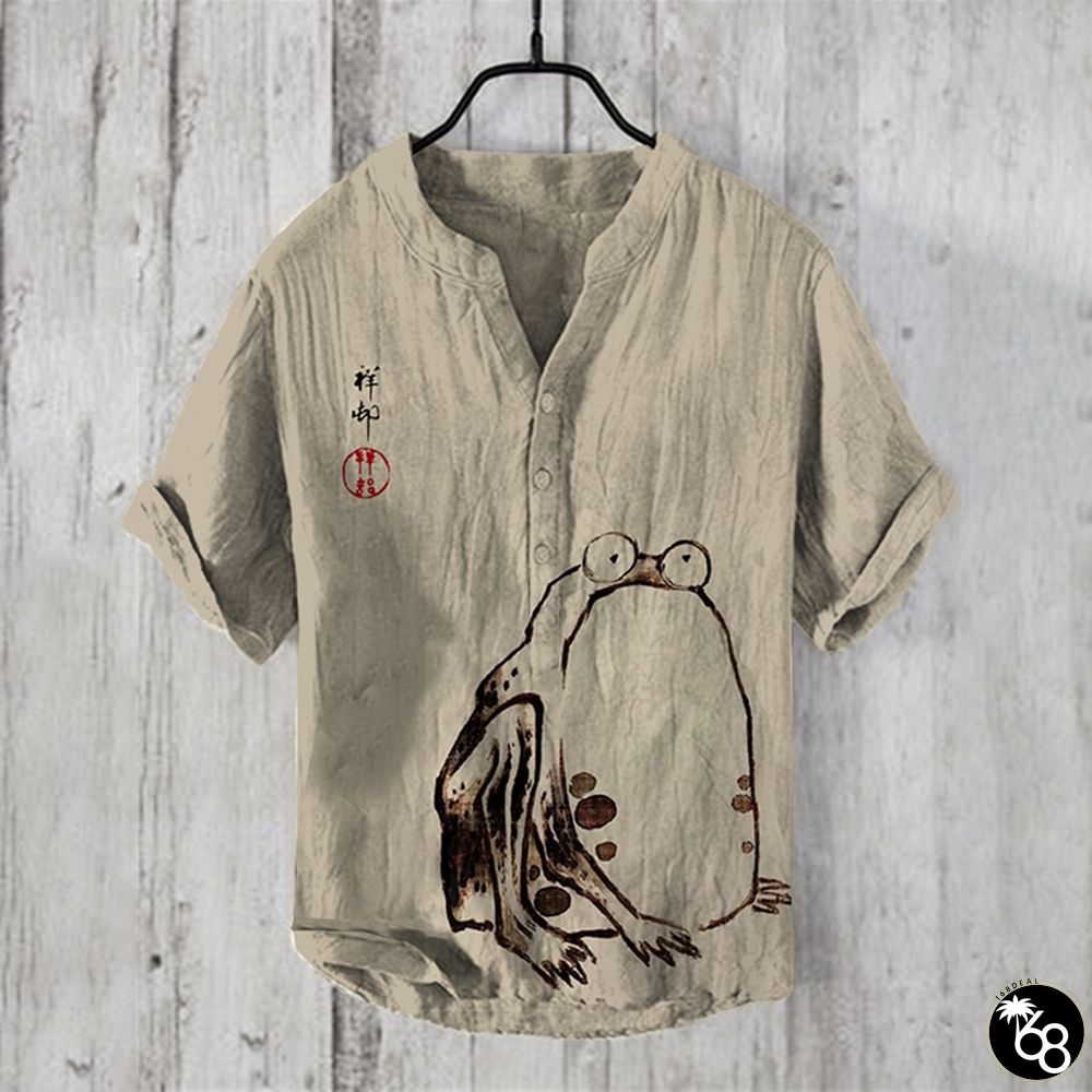 Men's Retro Angry Frog Japanese Art Linen Henry Collar Shirt | 168DEAL