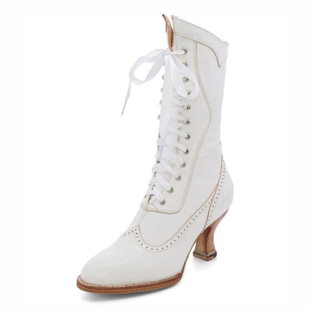 Elegant Lace-Up Almond Toe Mid-Calf Spool Heeled Boots in White Nicepairs
