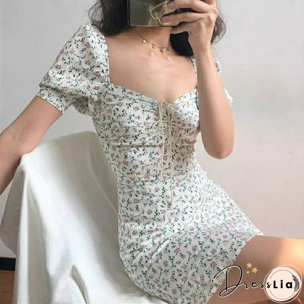 Summer Dress Retro Boho Women Tie Neck Floral Print Mini Sexy White Dress Elegant Puff Sleeve Dresses