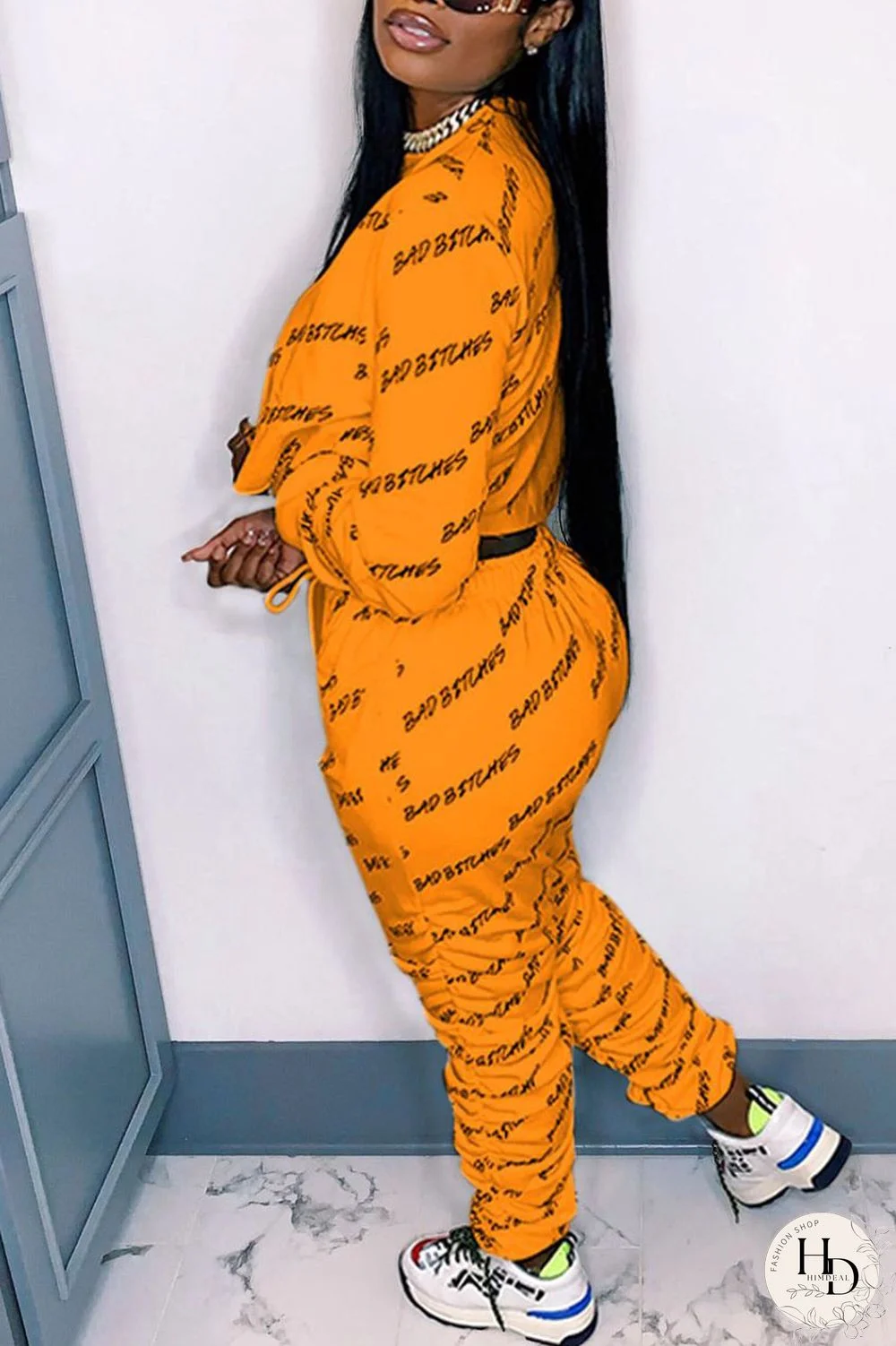 Red Street Print Fold O Neck Long Sleeve Two Pieces