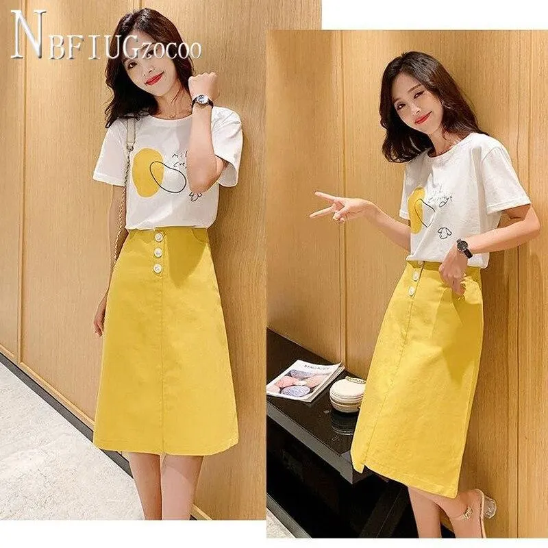 2020 New 93% Cotton Fashion Women Sets Refreshing T Shirt And Solid Color Skirt Female Sets