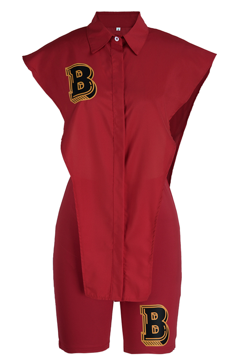 Pink Fashion Casual Letter Print Asymmetrical Turndown Collar Sleeveless Two Pieces