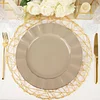 10 Pack | 11" Taupe Hard Plastic Dinner Plates with Gold Ruffled Rim, Large Heavy Duty Disposable Dinnerware
