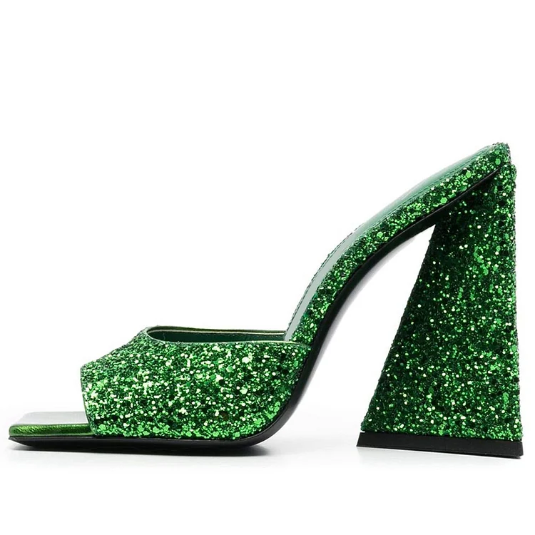 Green Glitter Square Toe Mules Sandals with Chunky Heel |FSJ Shoes