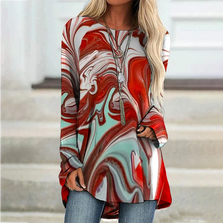 Vefave Vefave Round Neck Contrast Abstract Print Long Sleeve Tunic