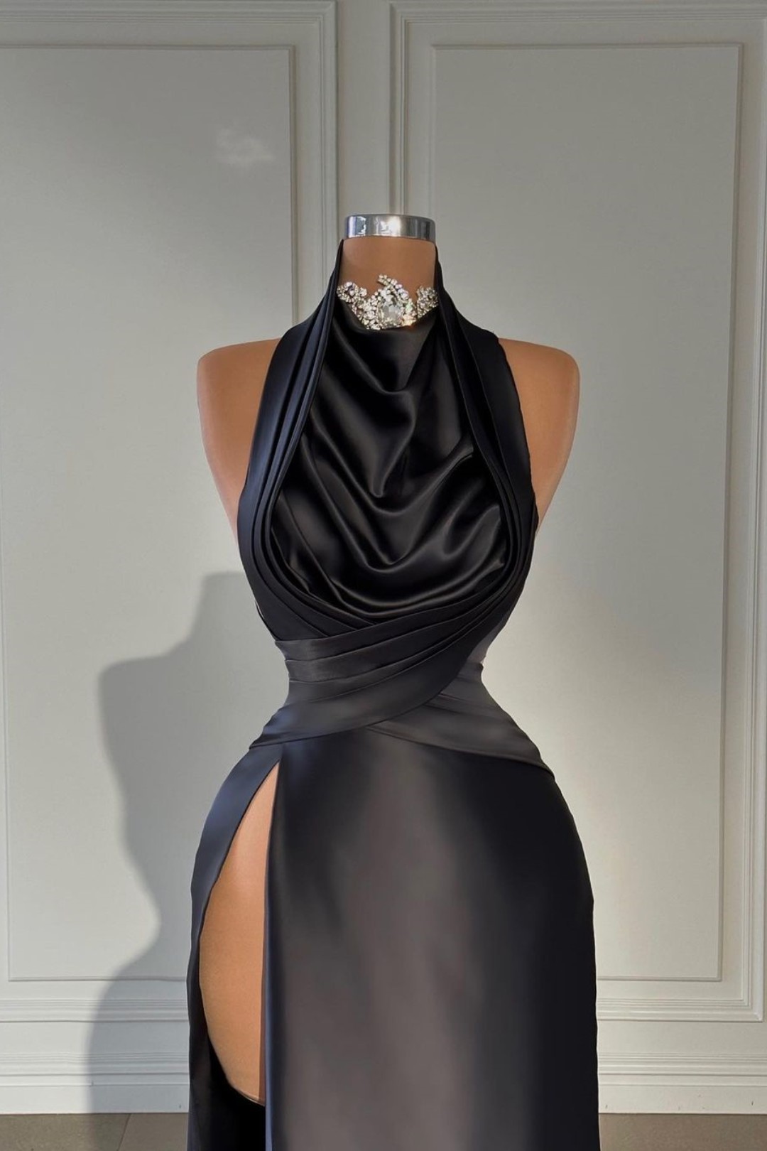 Black Satin High Slit Sleeves Dress