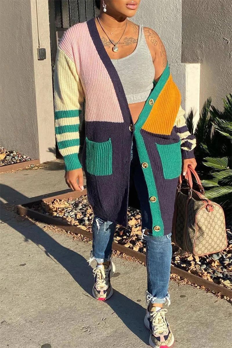 Multicolor Casual Patchwork Cardigan V Neck Outerwear | EGEMISS