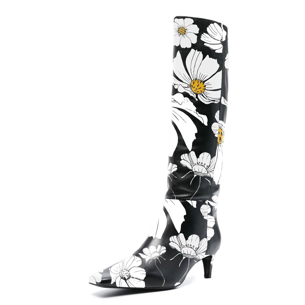 Black & White Flower Printed Square Toe Long Boots with Kitten Heel Nicepairs
