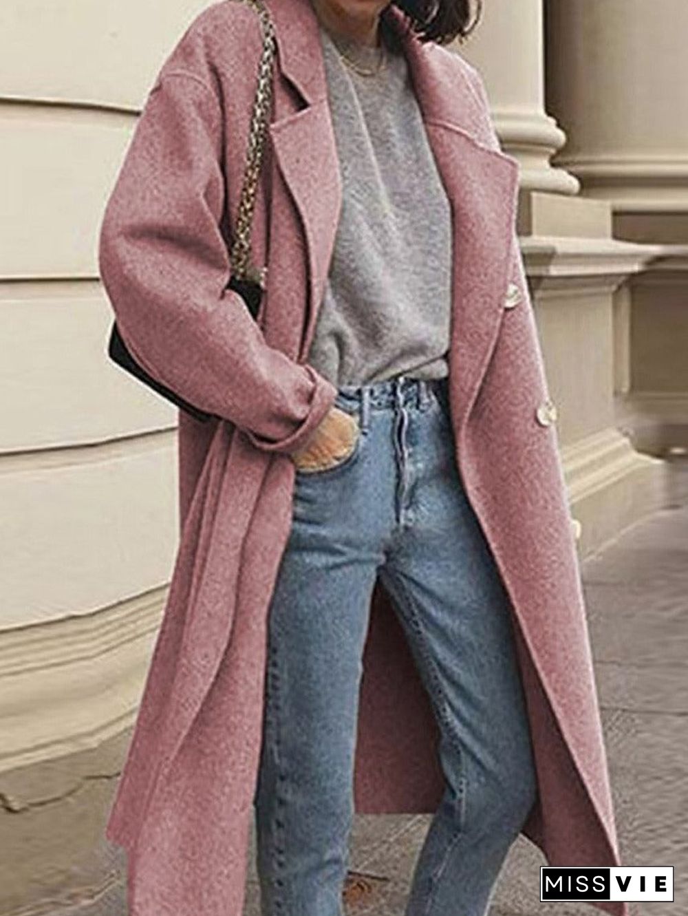 Solid Color Woolen Double-breasted Coat