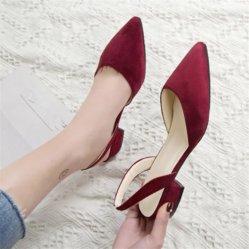 2020 Hot Sandalia Feminina Short heel with low heel High heel Pointed shallow mouth suede sandals Women word buckle Single shoes
