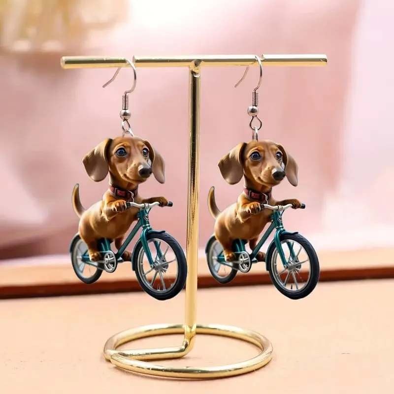 Cute Dachshund on Bicycle Acrylic Earrings