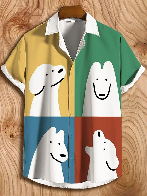 Men's Color Block Funny Cute Dog Faces Art Print Short Sleeve Shirt