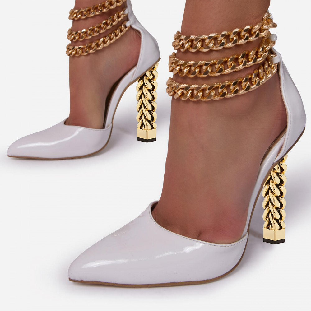 White Closed Toe 4'' Decorative Heel Pumps with Gold Chain Nicepairs