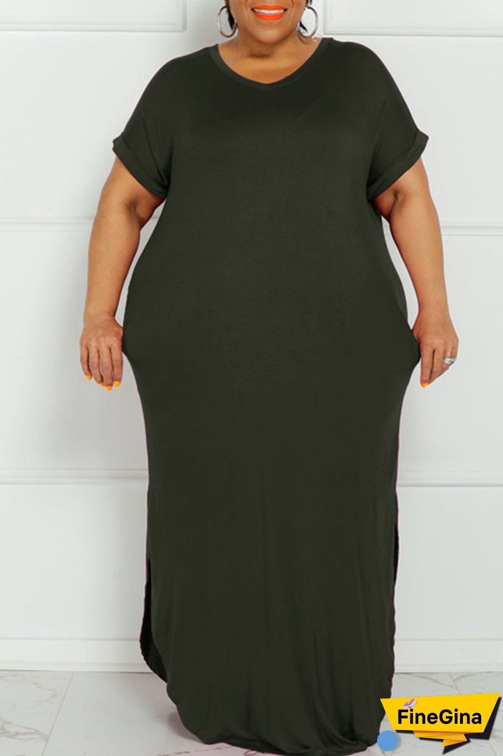 Yellow Casual Solid Patchwork Slit V Neck Straight Plus Size Dresses