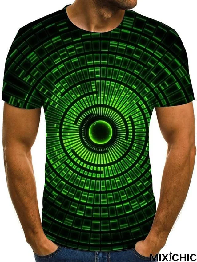 Men's Plus Size Geometric Color Block Pleated Print T-Shirt Street Chic Weekend Round Neck Green / Summer / Short Sleeve