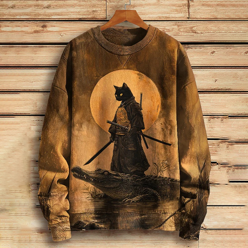 Men's Samurai Cat And Crocodile Surreal Art Print Casual Sweatshirt  artssus