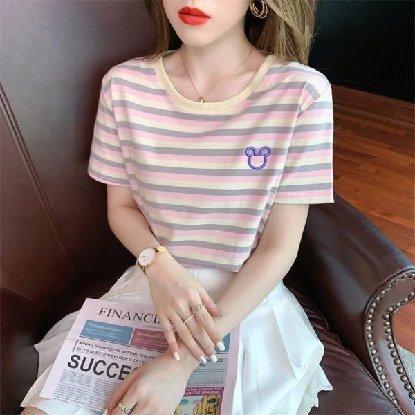 Uveng Uveng Summer New Round Collar Short-Sleeved Women's T-Shirt Embroidery Fashion Korean Version Loose And Versatile Age Reduction Stripes On Clothes Ins