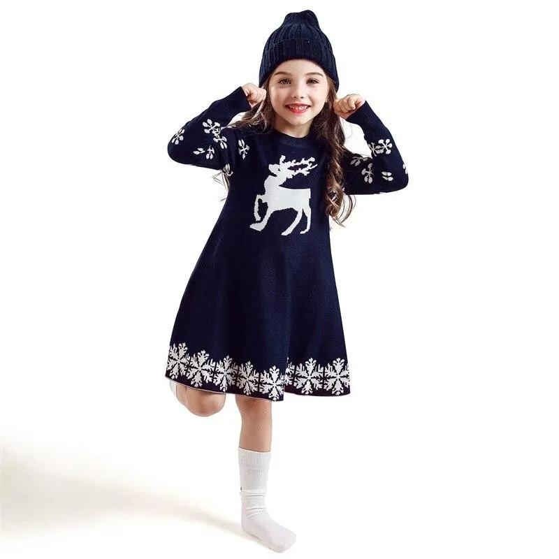 New Year Girls Knitted Dress Autumn Winter Clothes Reindeer Kids Dress for Little Girl Princess Cotton Warm Christmas Dresses