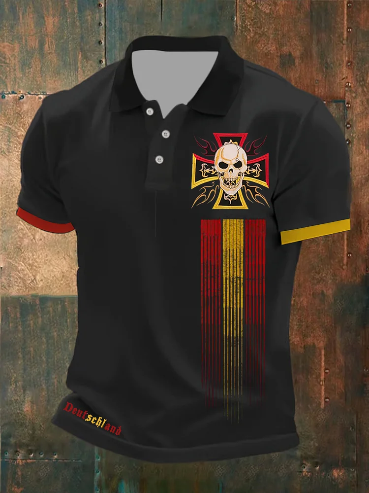 Männer Eisernes Kreuz Schädel Print Polo-Shirt