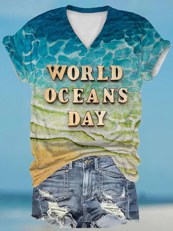 🔥Buy 3 Get 10% Off🔥V-neck World Oceans Day Print T-Shirt