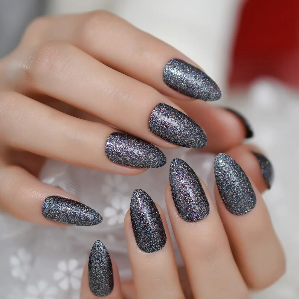 24Pcs Long Almond Glitter Black Charming Design Nail Tips Wholesale Full Cover Nails Gels Nails Artificial False Nail-Nail Inspo