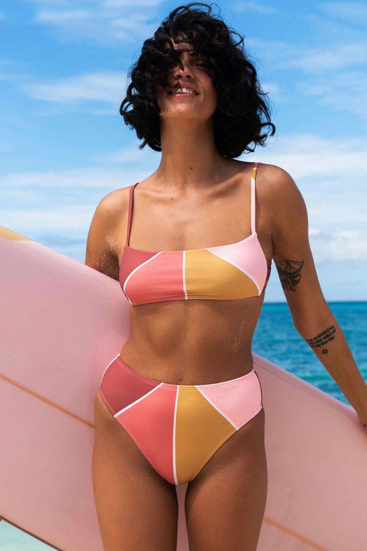 High Waist Geometric Color Block Bralette Bikini Swimsuit - Two Piece Set-elleschic