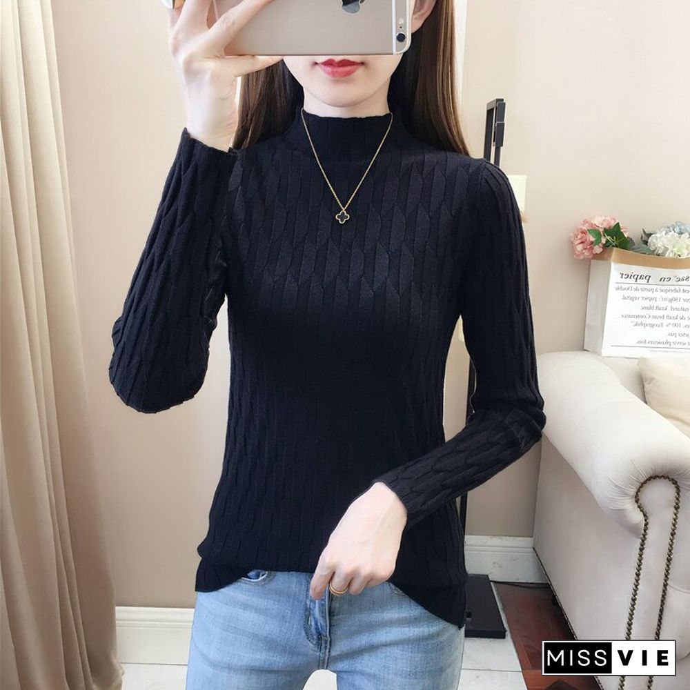 Harajuku Half High Collar Solid Knitted Sweaters Women Fashion Autumn Slim Y2k Pullovers Fashion Female Casual Korean Top