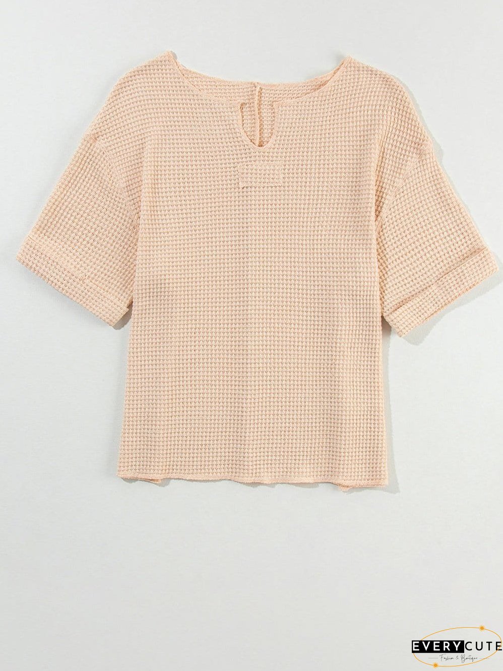 Parchment Waffle Knit V-Neck Casual Top with Split Neck