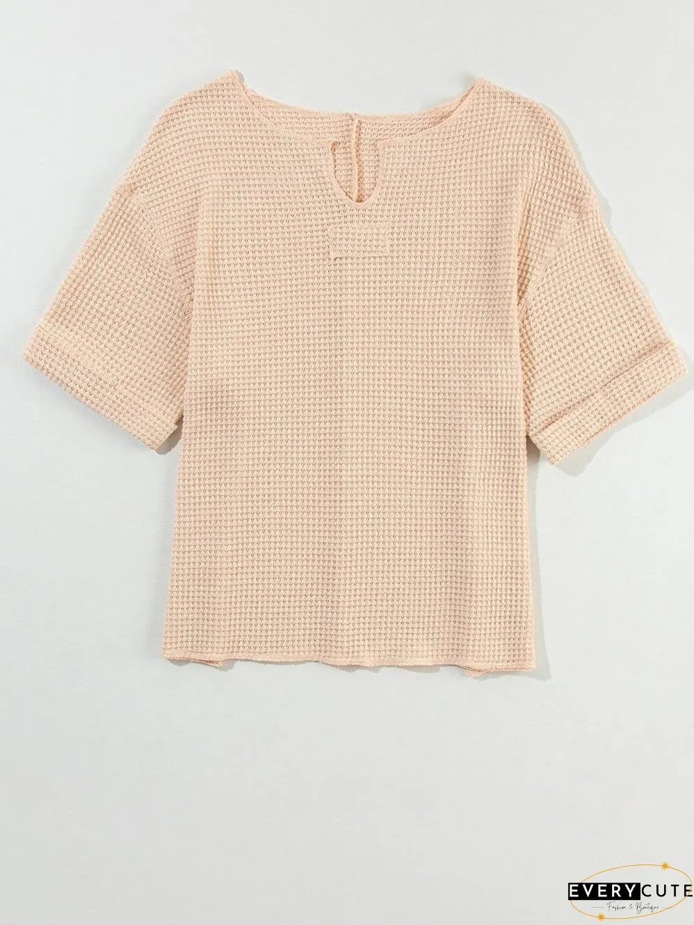 Parchment Waffle Knit V-Neck Casual Top with Split Neck