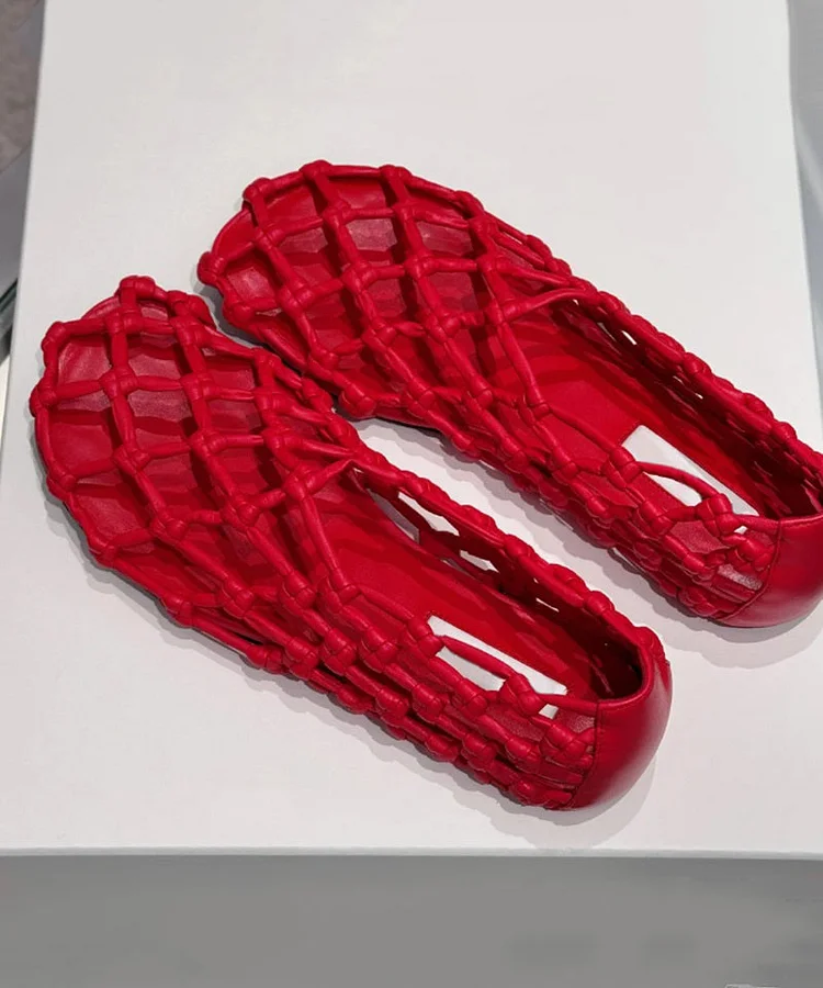 Stylish Red Cowhide Leather Splicing Hollow Out Walking Sandals