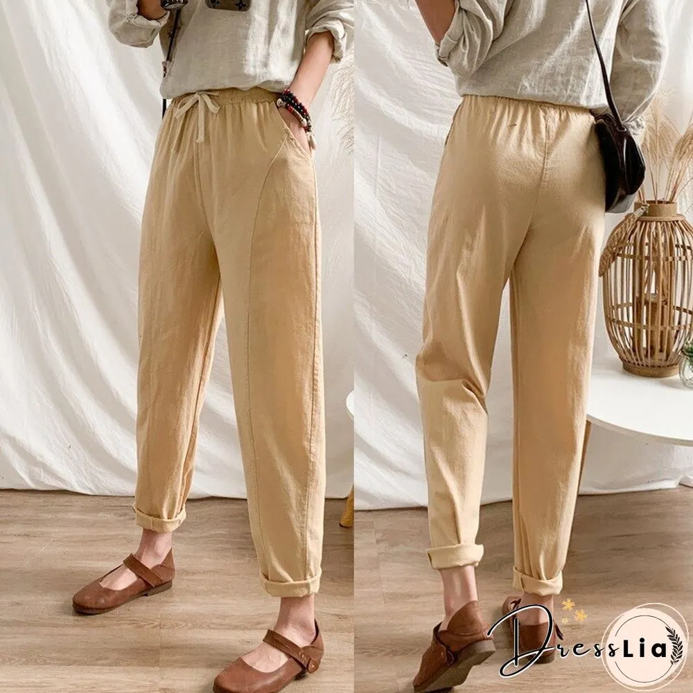 Summer Womens Pants-Cotton Linen Large Size Casual Loose Ankle-Long Capri Drawstring